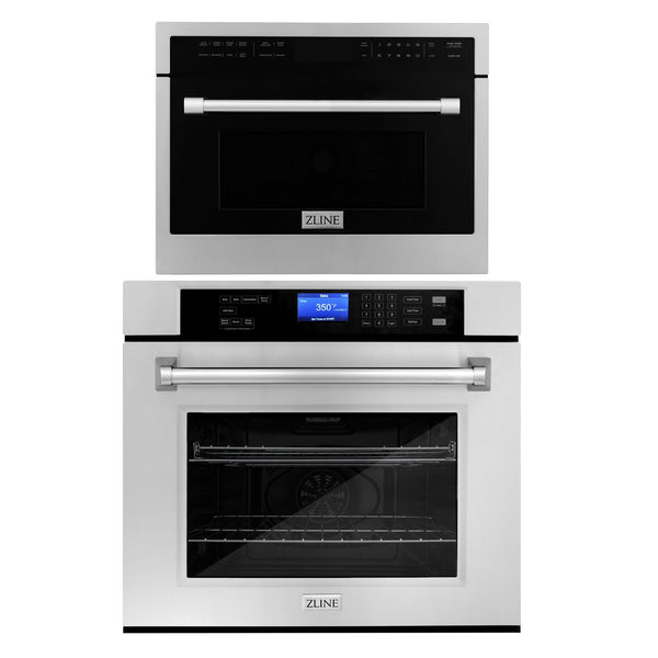 ZLINE Stainless Steel 24 in. Built-in Convection Microwave Oven and 30 in. Single Wall Oven with Self Clean (2KP-MW24-AWS30)