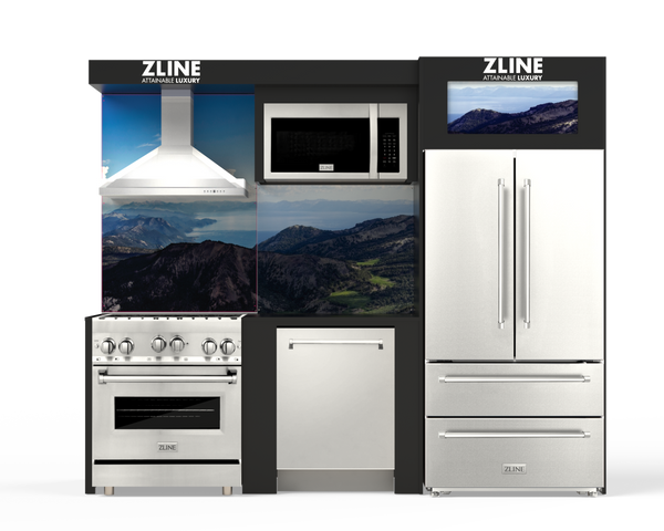 ZLINE Kitchen Vignette with a Stainless Steel Refrigerator, 36" Dual Fuel Freestanding Range, Stainless Steel Range Hood, 30" Over the Range Microwave, and Monument Style Dishwasher (VND-FCD-RA)