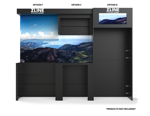 ZLINE Kitchen Vignette for 36" Range Hood, 36" Range, 30" OTR, 24" Dishwasher and 36" Freestanding Refrigerator (VN-FCD)