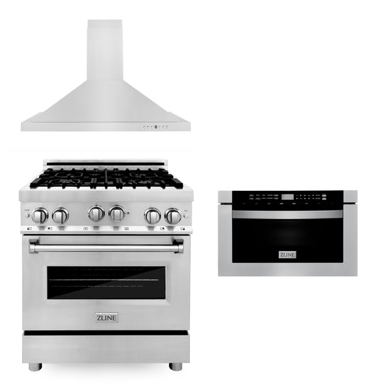 ZLINE 30 in. Kitchen Package with Stainless Steel Gas Range, Convertible Vent Range Hood and Microwave Drawer (3KP-RGRH30-MW)