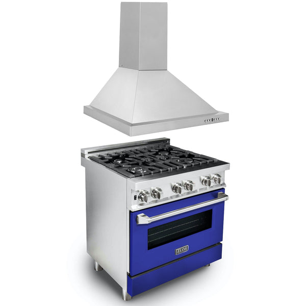 ZLINE 30 in. Kitchen Package with Stainless Steel Dual Fuel Range with Blue Gloss Door and Convertible Vent Range Hood (2KP-RABGRH30)
