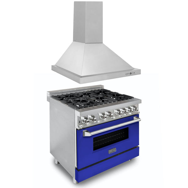 ZLINE 36 in. Kitchen Package with Stainless Steel Dual Fuel Range with Blue Gloss Door and Convertible Vent Range Hood (2KP-RABGRH36)
