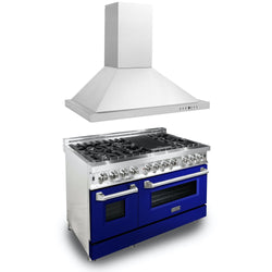 ZLINE 48 in. Kitchen Package with Stainless Steel Dual Fuel Range with Blue Gloss Door and Convertible Vent Range Hood (2KP-RABGRH48)