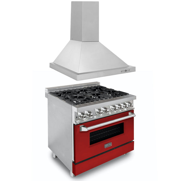 ZLINE 36 in. Kitchen Package with Stainless Steel Dual Fuel Range with Red Matte Door and Convertible Vent Range Hood (2KP-RARMRH36)