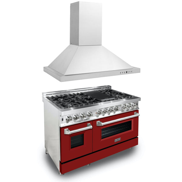 ZLINE 48 in. Kitchen Package with Stainless Steel Dual Fuel Range with Red Matte Door and Convertible Vent Range Hood (2KP-RARMRH48)