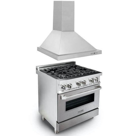 ZLINE 30 in. Kitchen Package with Satin Stainless Steel Dual Fuel Range and Convertible Vent Range Hood