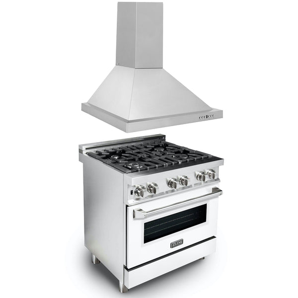 ZLINE 30 in. Kitchen Package with Stainless Steel Dual Fuel Range with White Matte Door and Convertible Vent Range Hood (2KP-RAWMRH30)
