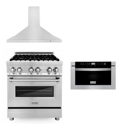 ZLINE 30 in. Kitchen Package with Stainless Steel Dual Fuel Range, Convertible Vent Range Hood and Microwave Drawer (3KP-RARH30-MW)