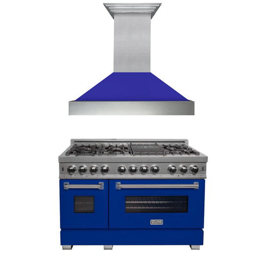 ZLINE 48 in. Kitchen Package with Satin Stainless Steel Dual Fuel Range with Blue Matte Door and Convertible Vent Range Hood