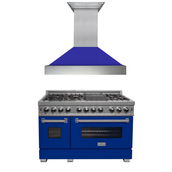 ZLINE 48 in. Kitchen Package with DuraSnow Stainless Steel Dual Fuel Range with Blue Matte Door and Convertible Vent Range Hood (2KP-RASBMRH48)