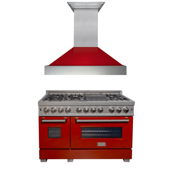 ZLINE 48 in. Kitchen Package with DuraSnow Stainless Steel Dual Fuel Range with Red Gloss Door and Convertible Vent Range Hood (2KP-RASRGRH48)