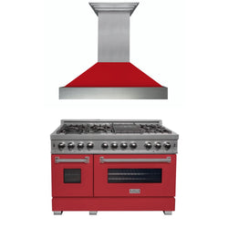 ZLINE 48 in. Kitchen Package with DuraSnow Stainless Steel Dual Fuel Range with Red Matte Door and Convertible Vent Range Hood (2KP-RASRMRH48)