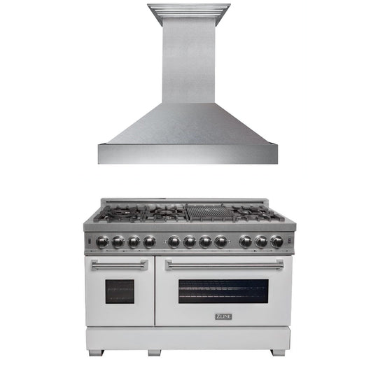 ZLINE 48 in. Kitchen Package with Satin Stainless Steel Dual Fuel Range with White Matte Door and Convertible Vent Range Hood
