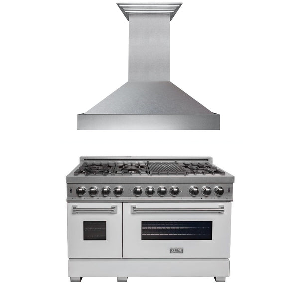 ZLINE 48 in. Kitchen Package with DuraSnow Stainless Steel Dual Fuel Range with White Matte Door and Convertible Vent Range Hood (2KP-RASWMRH48)