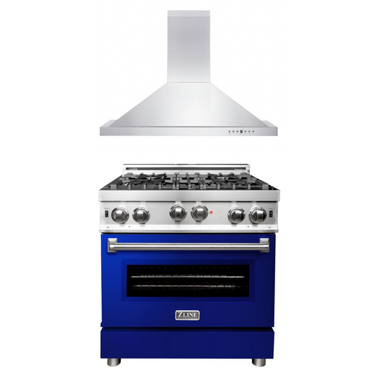 ZLINE 30 in. Kitchen Package with Stainless Steel Gas Range with Blue Gloss Door and Convertible Vent Range Hood (2KP-RGBGRH30)