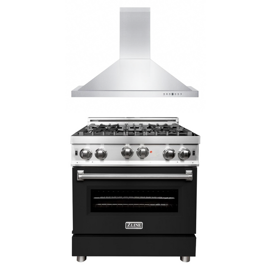 ZLINE 30 in. Kitchen Package with Stainless Steel Gas Range with Black Matte Door and Convertible Vent Range Hood (2KP-RGBLMRH30)