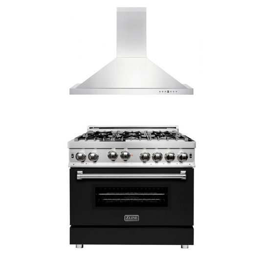 ZLINE 36 in. Kitchen Package with Stainless Steel Gas Range with Black Matte Door and Convertible Vent Range Hood (2KP-RGBLMRH36)
