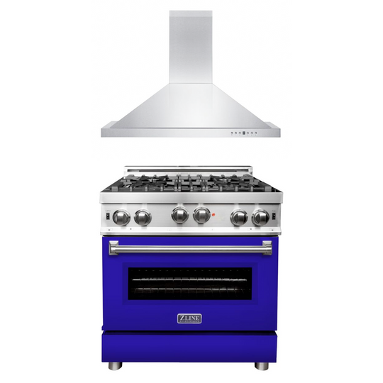 ZLINE 30 in. Kitchen Package with Stainless Steel Gas Range with Blue Matte Door and Convertible Vent Range Hood (2KP-RGBMRH30)