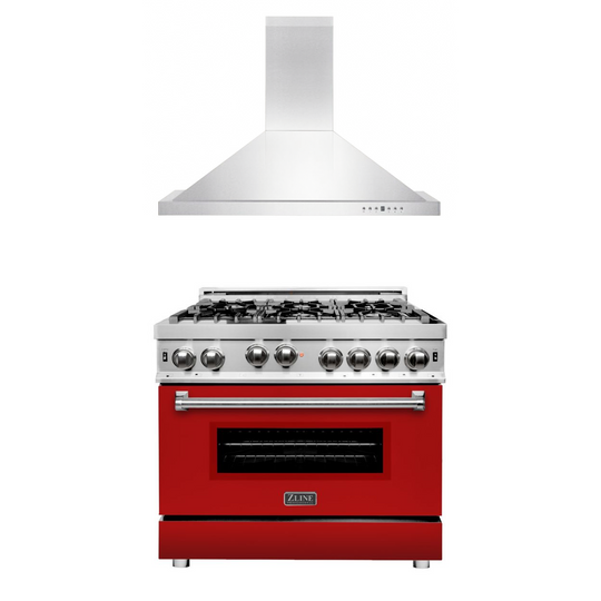 ZLINE 36 in. Kitchen Package with Stainless Steel Gas Range with Red Matte Door and Convertible Vent Range Hood (2KP-RGRMRH36)