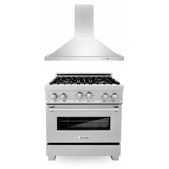 ZLINE 30 in. Kitchen Package with Stainless Steel Gas Range with Satin Door and Convertible Vent Range Hood (2KP-RGSNRH30)