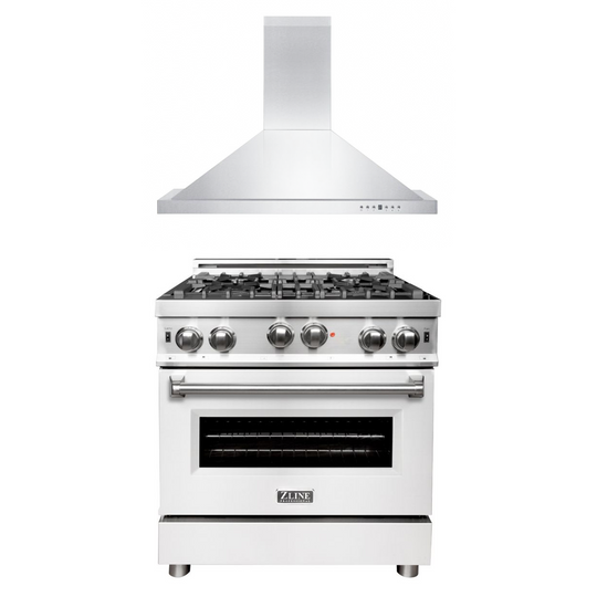 ZLINE 30 in. Kitchen Package with Stainless Steel Gas Range with White Matte Door and Convertible Vent Range Hood (2KP-RGWMRH30)