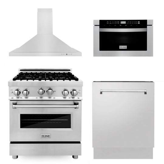 ZLINE 30 in. Kitchen Package with Stainless Steel Gas Range, Range Hood, Microwave Drawer and Tall Tub Dishwasher (4KP-RGRH30-MWDWV)