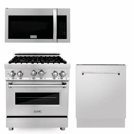 ZLINE 30 in. Kitchen Package with Stainless Steel Gas Range, Modern Over The Range Microwave and Tall Tub Dishwasher (3KP-RGOTR30-DWV)