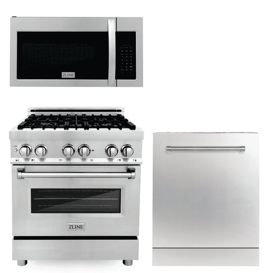 ZLINE 30 in. Kitchen Package with Stainless Steel Gas Range, Modern Over The Range Microwave and Dishwasher (3KP-RGOTR30-DW)