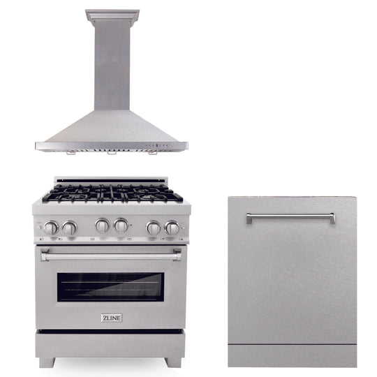 ZLINE 30 in. Kitchen Package with Stainless Steel Gas Range, Convertible Vent Range Hood and Dishwasher (3KP-RGRH30-DW)