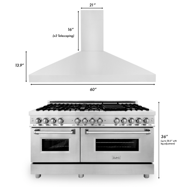ZLINE 60 in. Kitchen Package with Stainless Steel Dual Fuel Range and Convertible Vent Range Hood (2KP-RARH60)