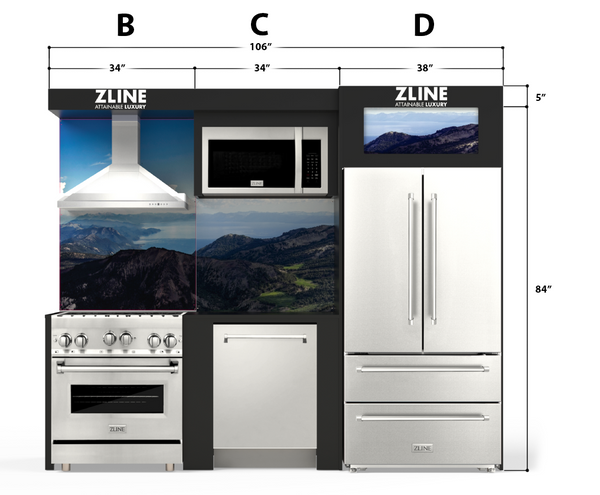ZLINE Kitchen Vignette for 30" Range Hood, 30" Range, 30" OTR, 24" Dishwasher and 36" Freestanding Refrigerator (VN-BCD)