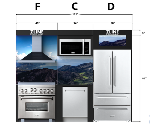ZLINE Kitchen Vignette for 36" Range Hood, 36" Range, 30" OTR, 24" Dishwasher and 36" Freestanding Refrigerator (VN-FCD)