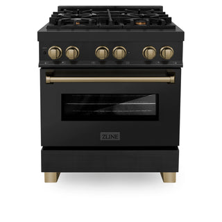 Buy champagne-bronze ZLINE Autograph Edition 30&quot; 4.0 cu. ft. Dual Fuel Range with Gas Stove and Electric Oven in Black Stainless Steel with Accents (RABZ-30)