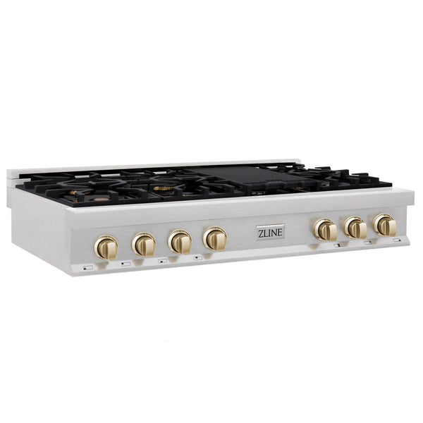 ZLINE Autograph Edition 48 in. Porcelain Rangetop with 7 Gas Burners in DuraSnow Stainless Steel and Accents (RTSZ-48)