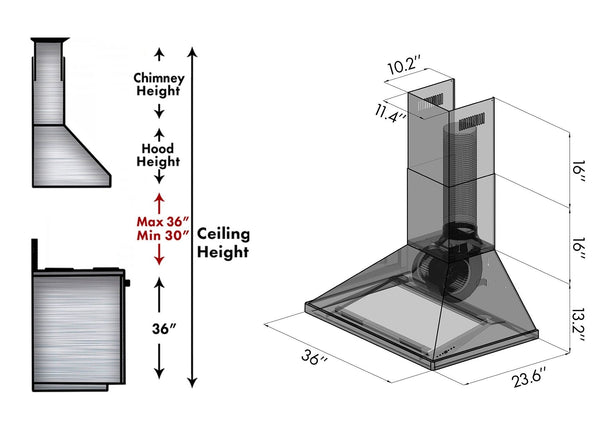 ZLINE Kitchen and Bath, ZLINE 36" Professional Wall Mount Range Hood in Stainless Steel (696), 696-36,