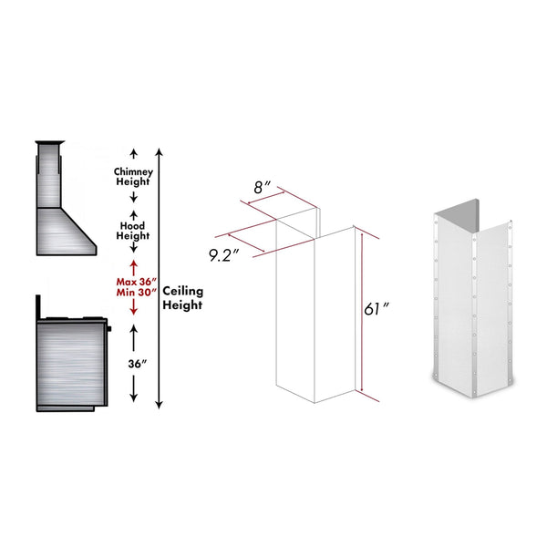 ZLINE Kitchen and Bath, ZLINE 61" ZLINE DuraSnow Stainless Steel¬ Extended Chimney and Crown (KB2-4SSXS-30-304-E), KB2-4SSXS-30-304-E,