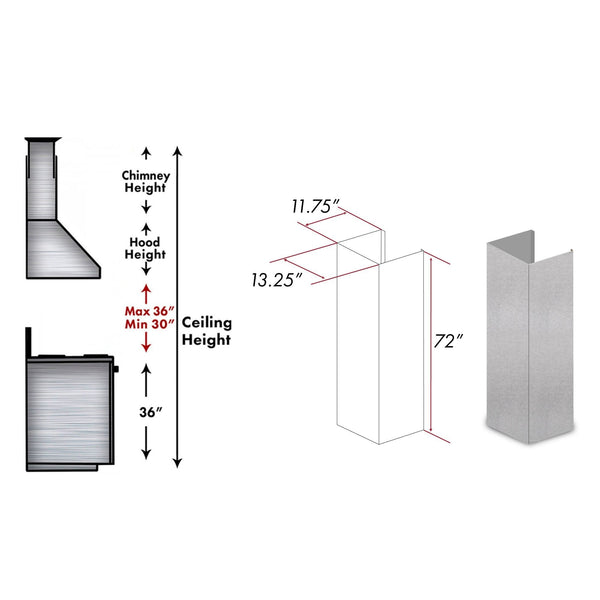 ZLINE Kitchen and Bath, ZLINE 72" DuraSnow® Stainless Steel Extended Chimney and Crown (8654-E), 8654-E,