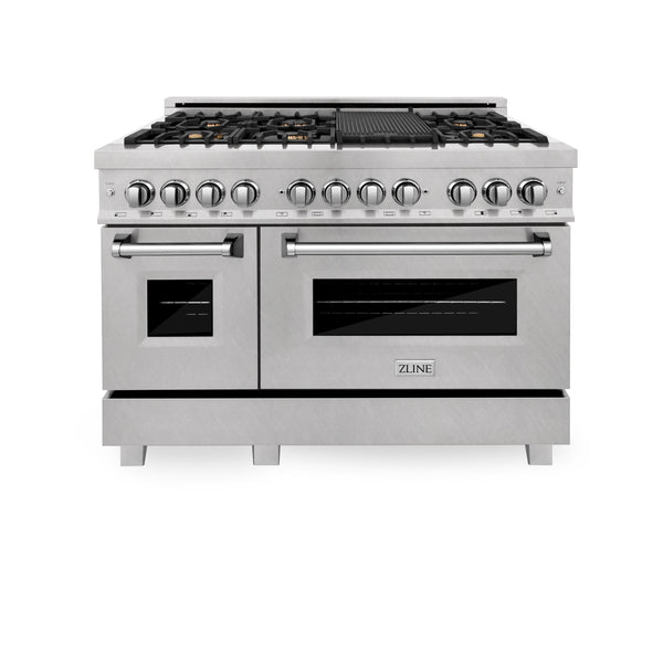 ZLINE 48 in. 6.0 cu. ft. Legacy Dual Fuel Range with Gas Cooktop and 2 Electric Ovens in DuraSnow® Stainless Steel with 6 Brass Burners and Griddle (RAS-SN-BR-GR-48)