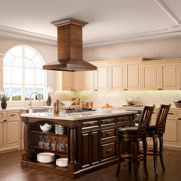 ZLINE Kitchen and Bath, ZLINE Wooden Island Mount Range Hood in Walnut - Includes Remote Motor (KBiRR-RS-400), KBiRR-RS-30-400,